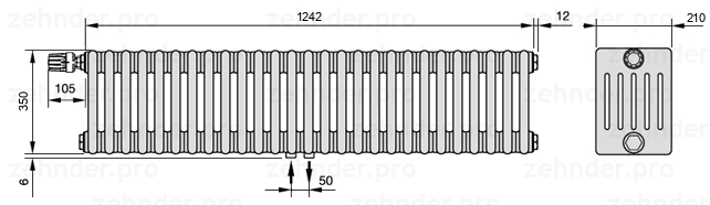 Схема (чертеж) Радиатор Zehnder Charleston 6035/27 №V007 Белый глянцевый RAL 9016